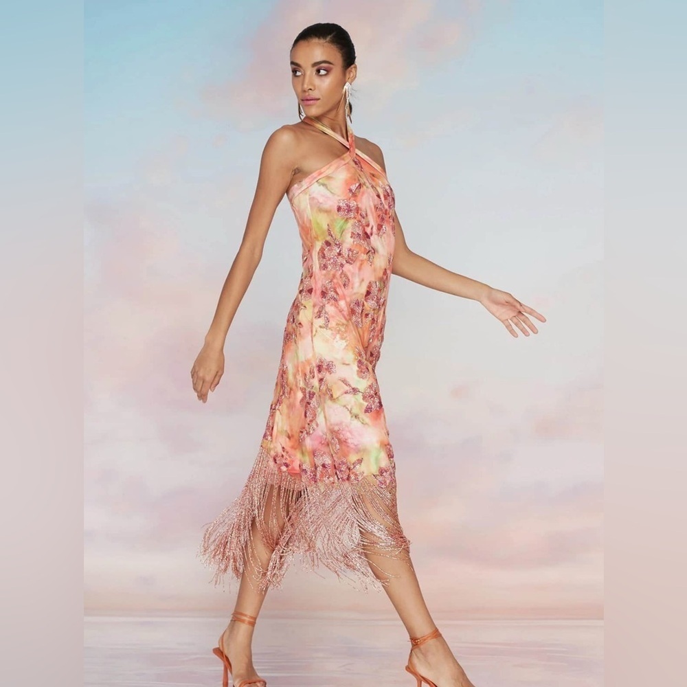 THEIA NWT Brigitte Floral Beaded Fringe Midi Dress - Picture 1 of 15